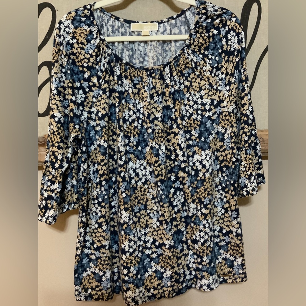 Michael Kors Peasant Shirt Womens Sz L  Blue Floral Fall Pullover Blouse NWOT